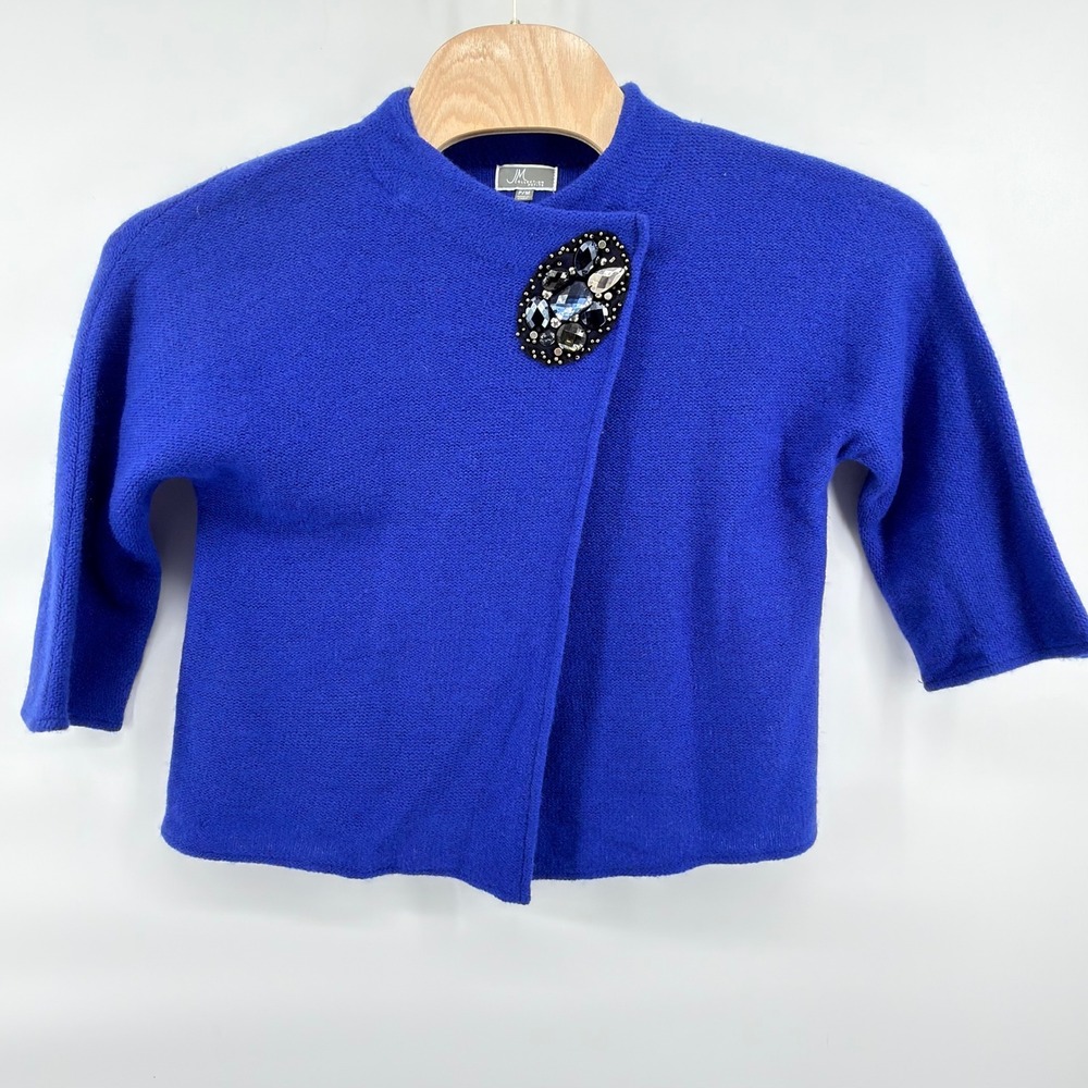 JM Collection Cardigan Womens PM Royal Blue Wool Jeweled Asymmetrical Wrap